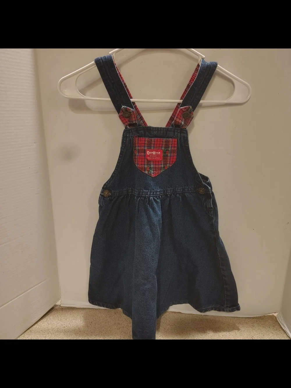 Vintage USA OshKosh B'gosh Blue Denim Overall Dress with Red Plaid Pocket K101
